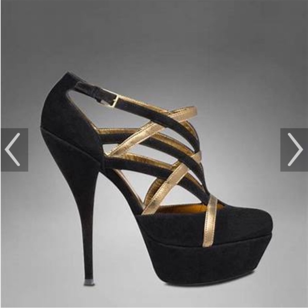 YSL Elegant Black and Gold Strappy Heels